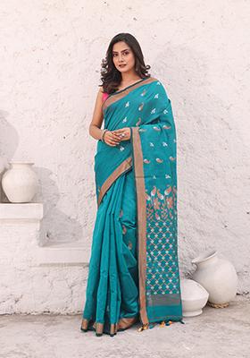 Teal Zari Woven Cotton Saree Set
