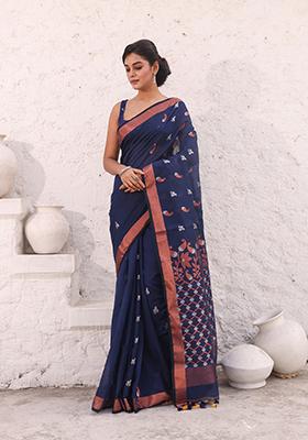 Navy Blue Zari Woven Cotton Saree Set