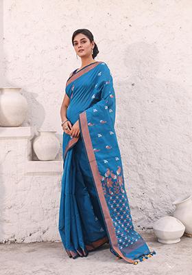 Teal Blue Zari Woven Cotton Saree Set