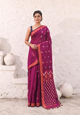 Magenta Zari Woven Cotton Saree Set