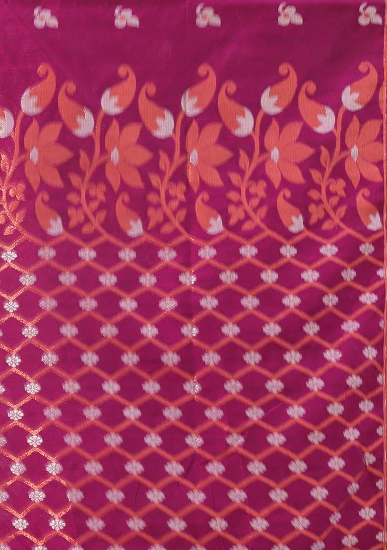Magenta Zari Woven Cotton Saree Set - Indya
