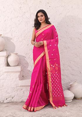 Hot Pink Zari Woven Cotton Saree Set