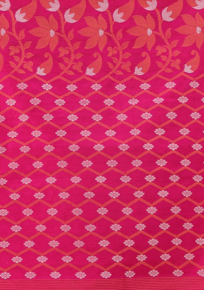 Hot Pink Zari Woven Cotton Saree Set - Indya