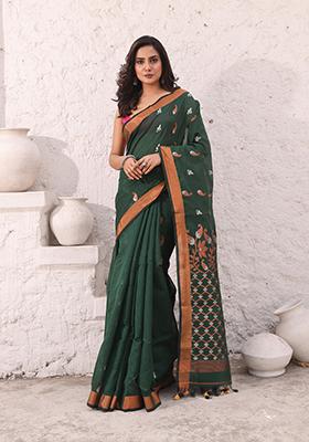 Pine Green Zari Woven Cotton Saree Set