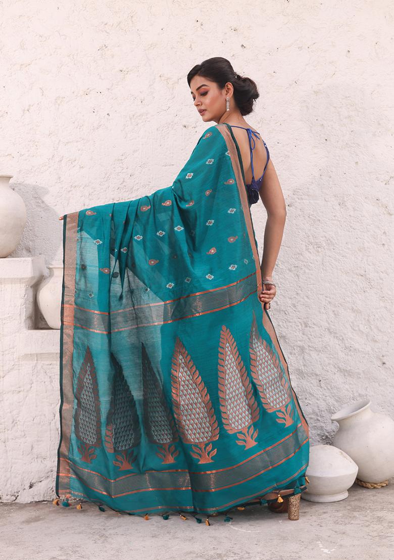 Teal Zari Woven Work Cotton Saree Set