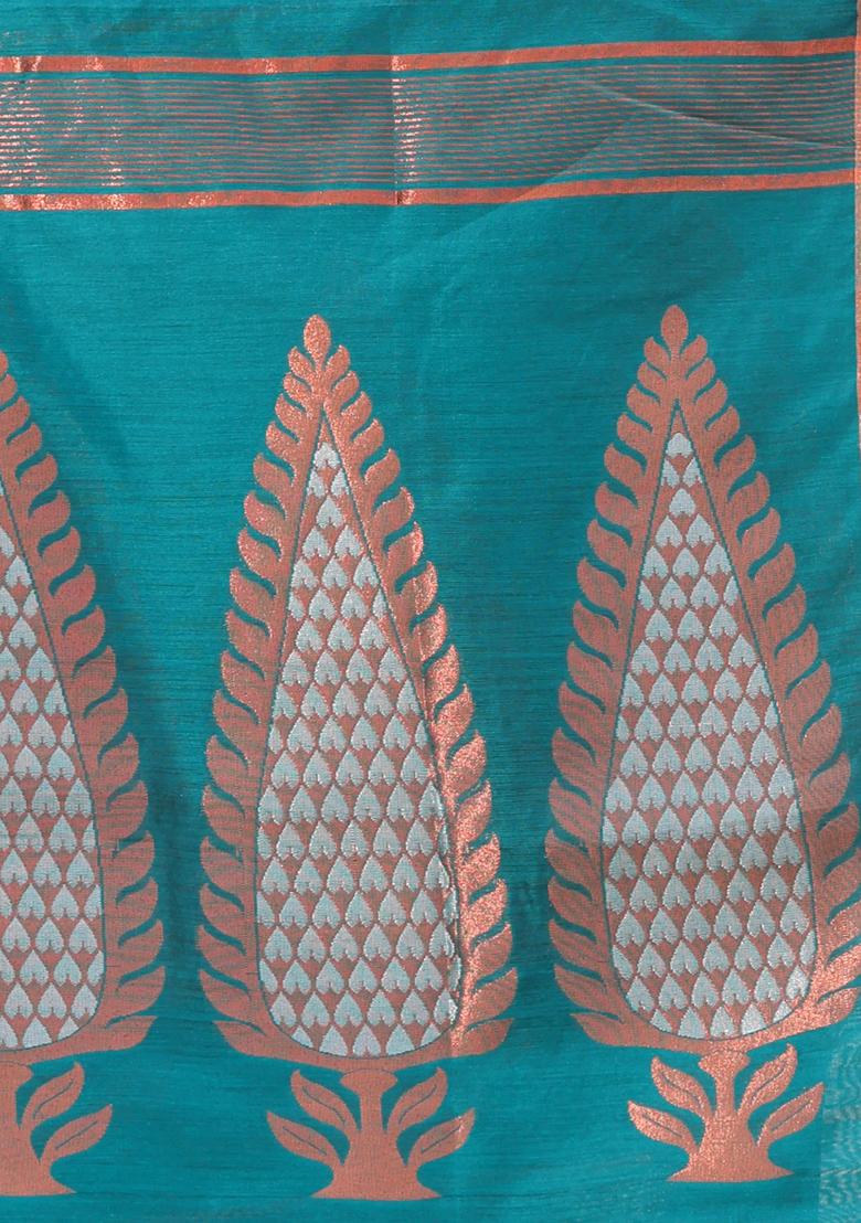 Teal Zari Woven Work Cotton Saree Set