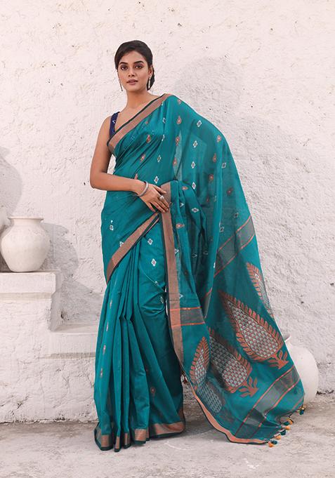 Teal Zari Woven Work Cotton Saree Set