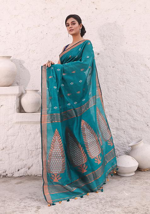 Teal Zari Woven Work Cotton Saree Set