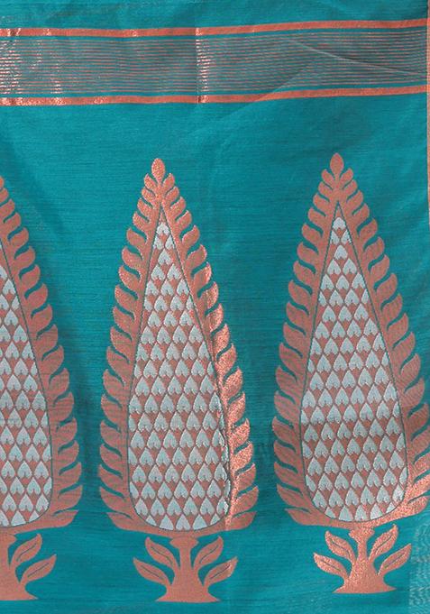 Teal Zari Woven Work Cotton Saree Set