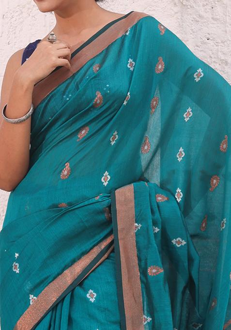 Teal Zari Woven Work Cotton Saree Set