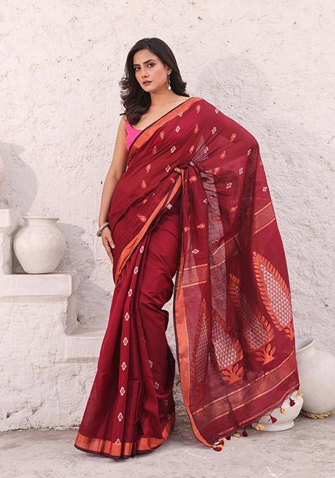 Dark Red Zari Woven Work Cotton Saree Set