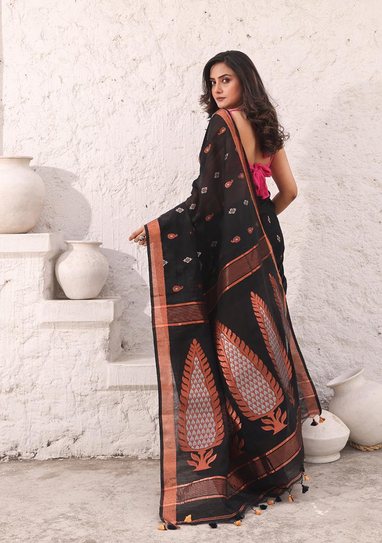 Black Zari Woven Work Cotton Saree Set