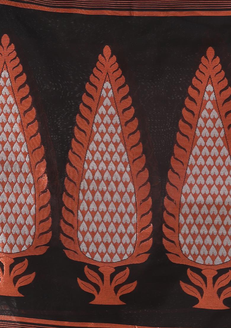 Black Zari Woven Work Cotton Saree Set - Indya