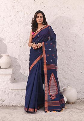 Navy Blue Zari Woven Work Cotton Saree Set