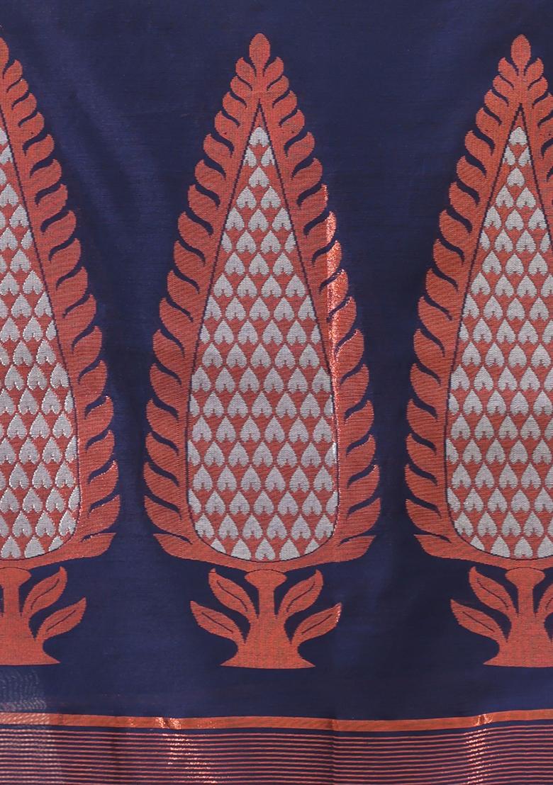 Navy Blue Zari Woven Work Cotton Saree Set - Indya