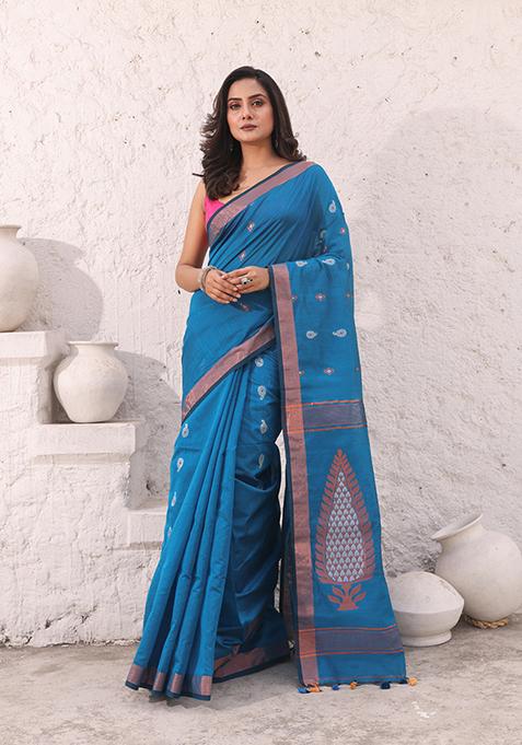 Sky Blue Zari Woven Work Cotton Saree Set