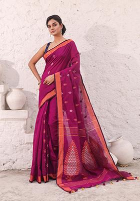 Purple Zari Woven Work Cotton Saree Set