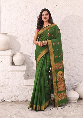 Moss Green Zari Woven Work Cotton Saree Set
