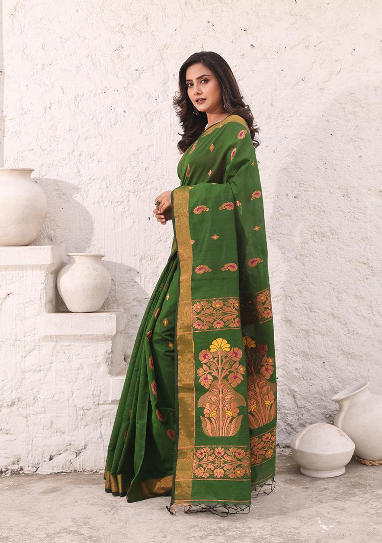 Moss Green Zari Woven Work Cotton Saree Set