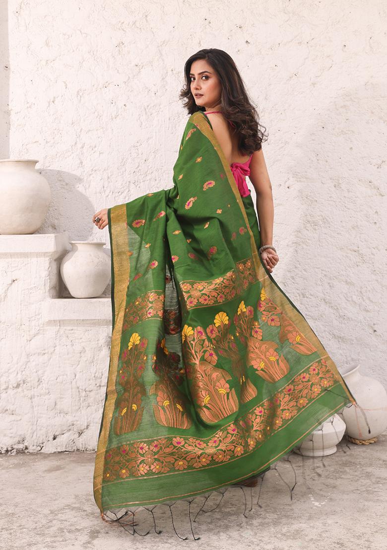 Moss Green Zari Woven Work Cotton Saree Set