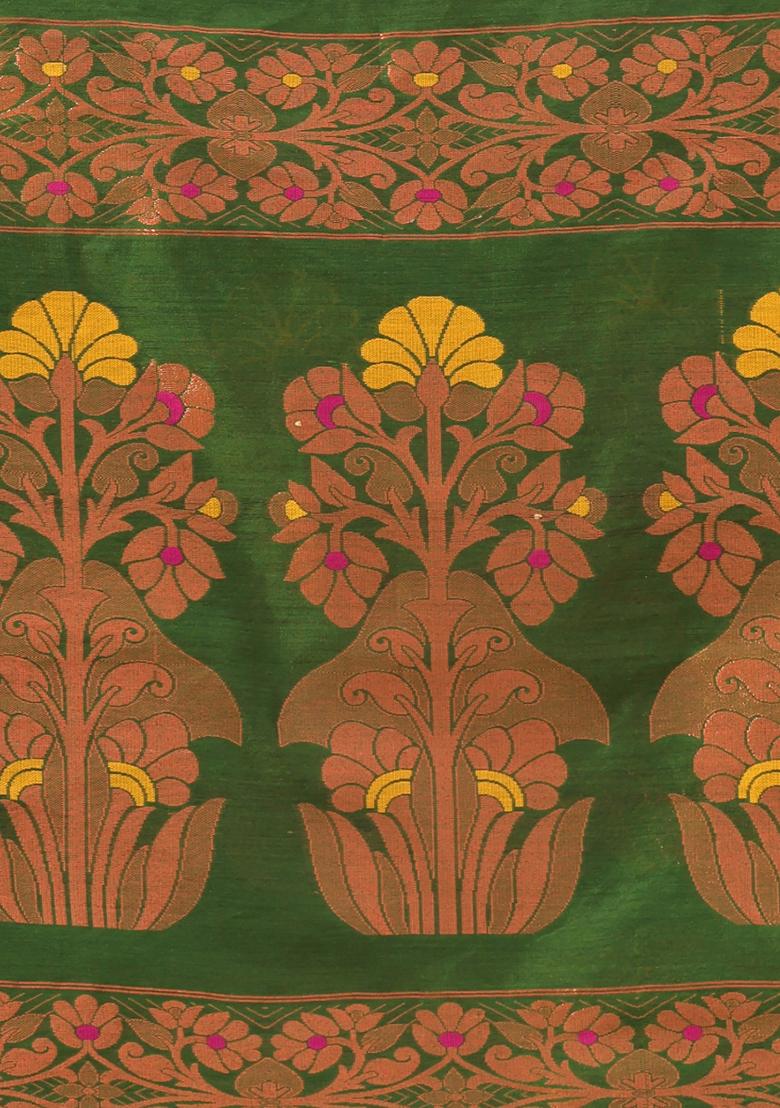 Moss Green Zari Woven Work Cotton Saree Set - Indya