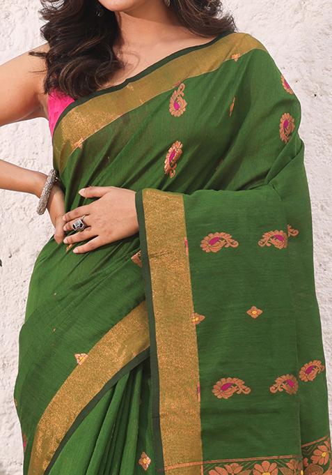 Moss Green Zari Woven Work Cotton Saree Set