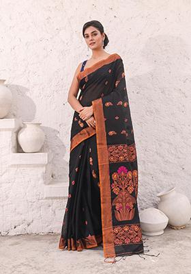 Black Zari Woven Work Cotton Saree Set