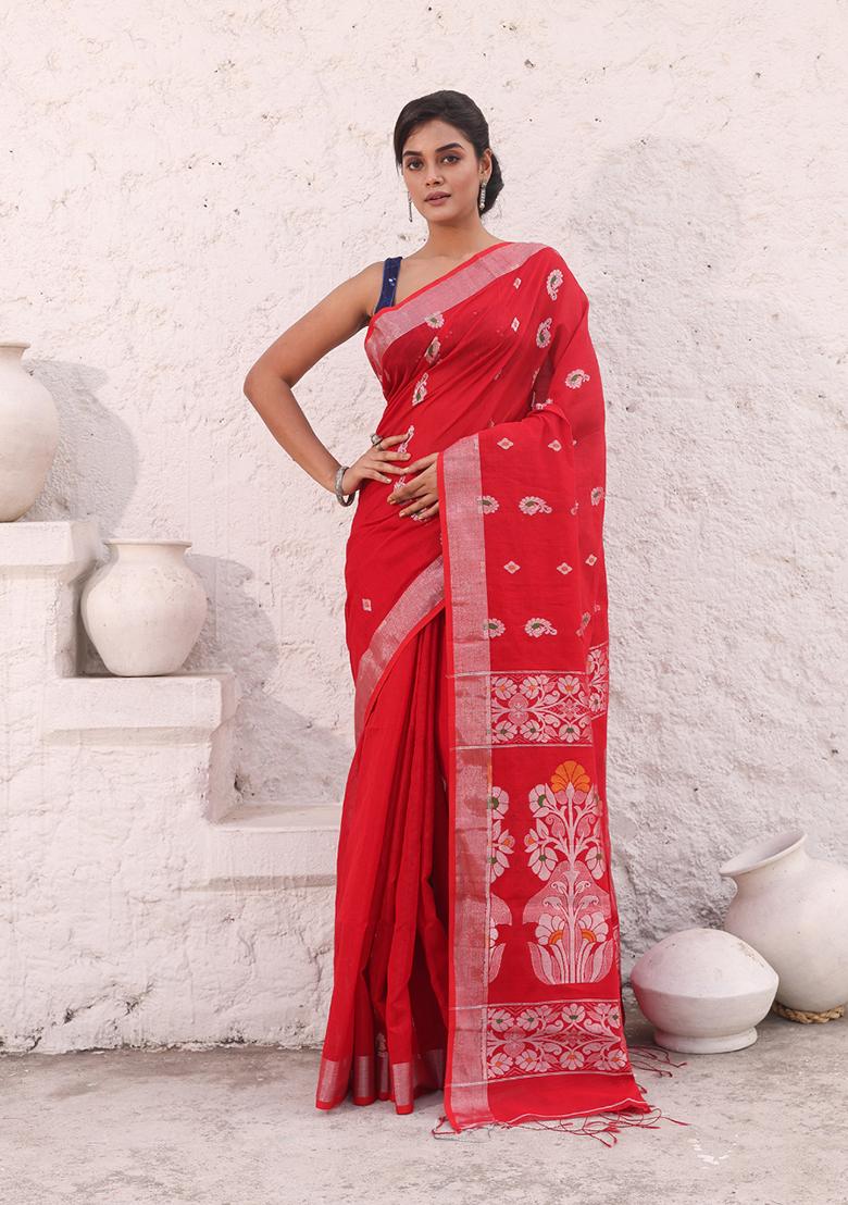 Red Zari Woven Work Cotton Saree Set