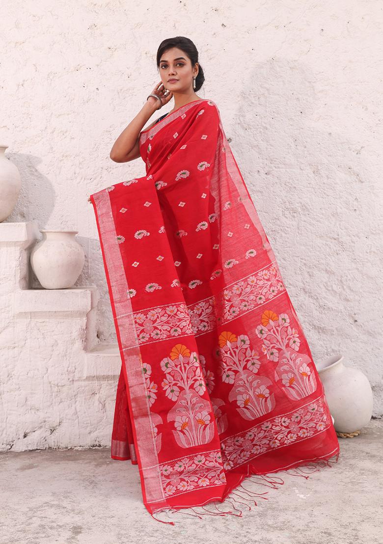 Red Zari Woven Work Cotton Saree Set