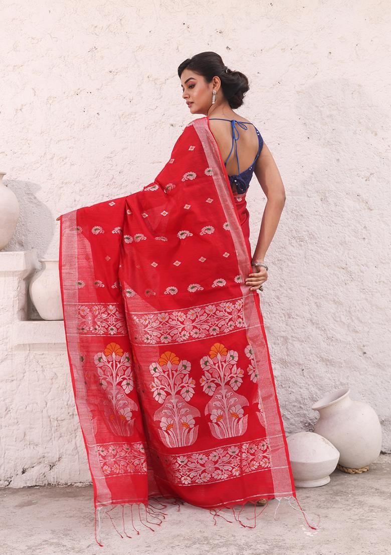 Red Zari Woven Work Cotton Saree Set