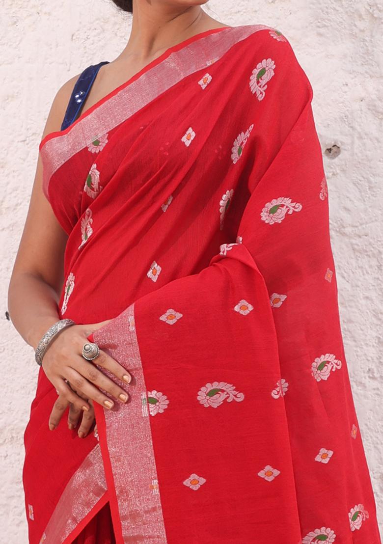 Red Zari Woven Work Cotton Saree Set
