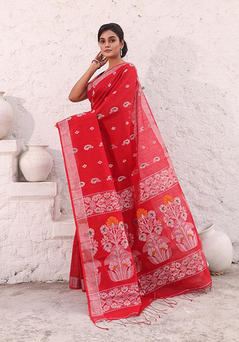 Red Zari Woven Work Cotton Saree Set