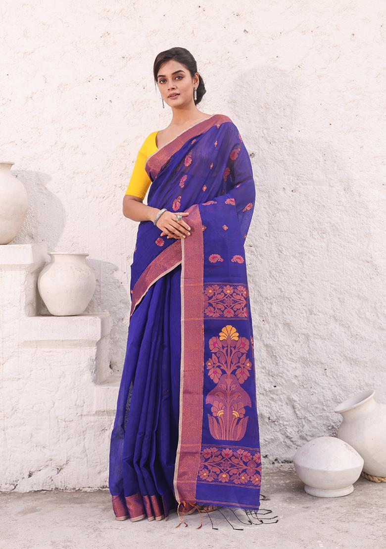 Royal Blue Zari Woven Work Cotton Saree Set