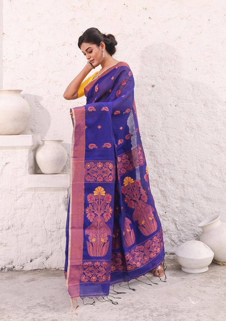 Royal Blue Zari Woven Work Cotton Saree Set