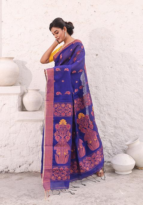 Royal Blue Zari Woven Work Cotton Saree Set