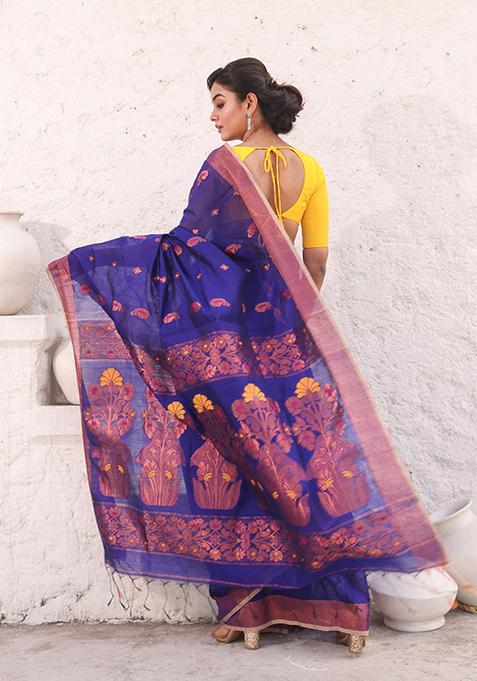 Royal Blue Zari Woven Work Cotton Saree Set