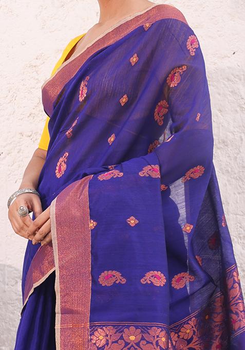 Royal Blue Zari Woven Work Cotton Saree Set