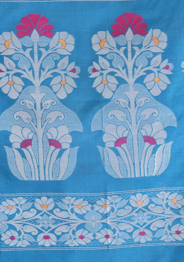 Light Blue Zari Woven Work Cotton Saree Set - Indya