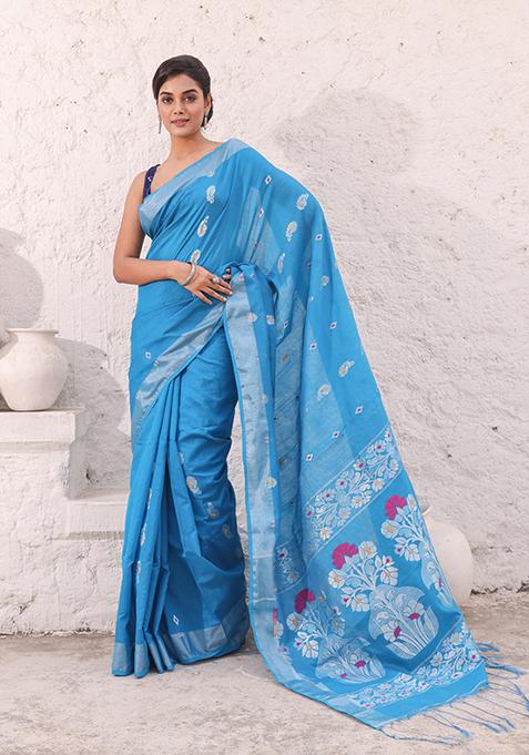 Light Blue Zari Woven Work Cotton Saree Set