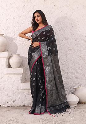 Black Damask Print Cotton Saree Set