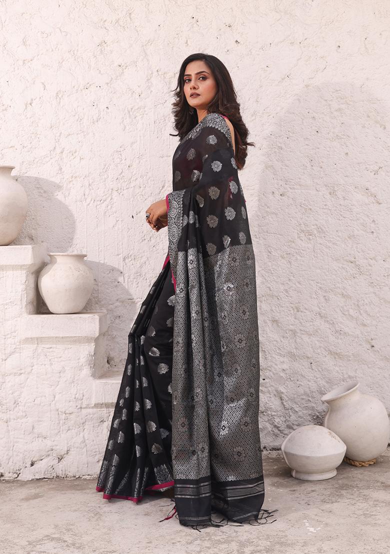 Black Damask Print Cotton Saree Set - Indya