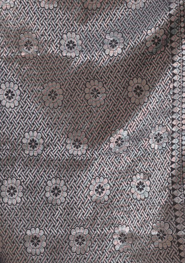 Black Damask Print Cotton Saree Set - Indya