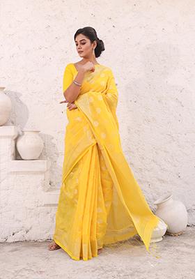 Light Yellow Damask Print Cotton Saree Set