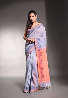 Grey Woven Design Soft Cotton Saree Set