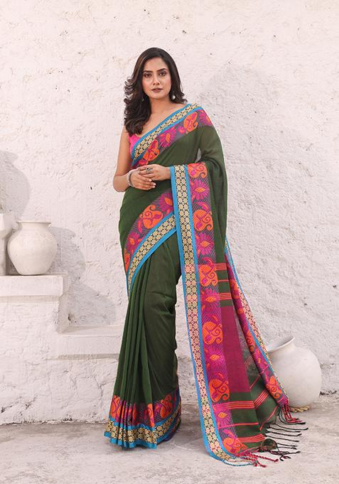 Pine Green Nakshi Print Soft Pure Cotton Saree Set