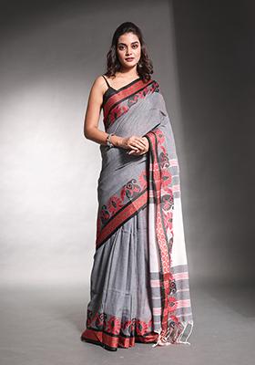 Grey Nakshi Print Soft Pure Cotton Saree Set