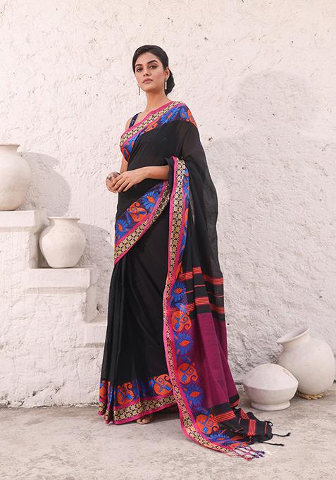 Black Nakshi Print Soft Pure Cotton Saree Set