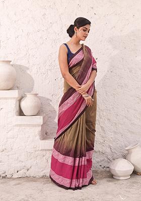 Ecru Ikat Print Pure Cotton Saree Set