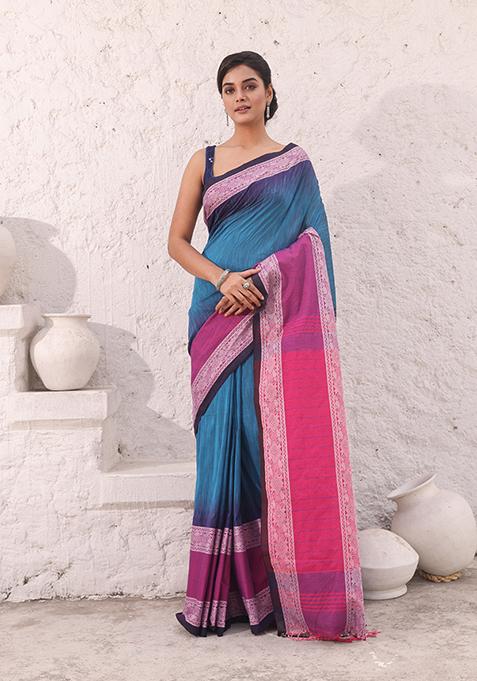 Teal Blue Ikat Print Pure Cotton Saree Set