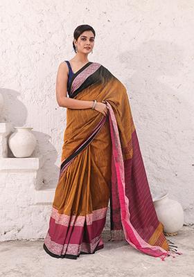Mustard Ikat Print Pure Cotton Saree Set